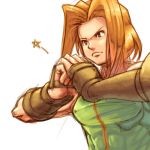  1girl abs bare_shoulders blonde_hair bodysuit brass_knuckles breasts closed_mouth commentary_request final_fantasy final_fantasy_tactics gauntlets gloves green_bodysuit green_eyes momigara_(mmgrkmnk) monk_(fft) multiple_boys short_hair simple_background solo weapon white_background 