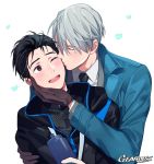  2boys ;d aqua_jacket artist_name black_hair black_neckwear blush bottle brown_eyes brown_gloves cheek_kiss commentary_request eyebrows_visible_through_hair eyes_closed formal gearous gloves grey_hair gym_uniform hair_slicked_back hand_on_another&#039;s_arm happy heart holding holding_bottle jacket katsuki_yuuri kiss long_sleeves looking_at_another male_focus multiple_boys necktie one_eye_closed open_mouth round_teeth short_hair simple_background smile standing suit sweat sweatdrop teeth upper_body upper_teeth viktor_nikiforov water_bottle white_background yaoi yuri!!!_on_ice 