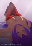  1girl baggy_pants bare_arms bare_shoulders blue_eyes blush breasts cleavage earrings half-closed_eyes hoop_earrings jewelry large_breasts long_hair looking_at_viewer lying midriff on_back pants parted_lips pointy_ears purple_hair shantae_(character) shantae_(series) shoes solo strapless tiara tubetop zeri_(zeristudio) 