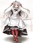  1girl adapted_costume alternate_costume amatsukaze_(kantai_collection) apron brown_background brown_dress dress enmaided eyebrows_visible_through_hair frilled_apron frills full_body grey_background hair_tubes hat holding_dress kantai_collection long_hair long_sleeves looking_at_viewer maid maid_headdress mini_hat pantyhose red_legwear silver_hair solo striped striped_legwear tatsumi_ray twitter_username two_side_up white_apron white_background windsock 