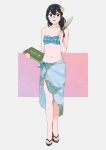  1girl bangs bare_shoulders bikini black_hair book breasts cleavage collarbone commentary eyebrows_visible_through_hair flower full_body glasses green_eyes hair_between_eyes hair_flower hair_ornament hair_over_shoulder hair_ribbon hairband highres holding holding_quill kantai_collection legs long_hair looking_at_viewer navel o-ring o-ring_bikini o-ring_top ojipon ooyodo_(kantai_collection) open_mouth quill ribbon semi-rimless_eyewear shoes simple_background smile solo standing swimsuit symbol_commentary tress_ribbon under-rim_eyewear yellow_flower 