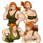  1girl abs absurdres aqua_eyes bare_shoulders blush braid breasts busty chris-ceehaz cleavage fangs female female_only food freckles highres large_breasts looking_at_viewer muscle muscular muscular_female orange_hair salute smile solo tongue 