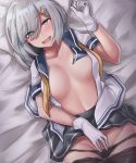  1girl absurdres ahoge bed_sheet black_panties blue_eyes blue_skirt blush breasts breasts_apart collarbone eyebrows_visible_through_hair eyes_visible_through_hair gloves hair_ornament hair_over_one_eye hairclip hamakaze_(kantai_collection) highres kantai_collection kiritto large_breasts looking_at_viewer lying masturbation on_back on_bed open_clothes open_mouth open_shirt panties panty_pull pantyhose pantyhose_pull pleated_skirt rubbing school_uniform serafuku short_hair short_sleeves silver_hair skirt solo striped striped_skirt underwear upper_body white_gloves yellow_neckwear 