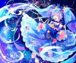  1girl :d black_gloves blue_bow blue_hair blue_shirt blue_skirt blue_sleeves bow choker detached_sleeves eyebrows_visible_through_hair eyes_closed fingerless_gloves floating_hair gloves hair_bow hatsune_miku highres holding holding_wand layered_skirt long_hair long_skirt long_sleeves open_mouth ribbon_choker shiny shiny_hair shirayuki_towa shirt skirt sleeveless sleeveless_shirt smile snowflakes solo striped striped_bow twintails very_long_hair vocaloid wand wide_sleeves 