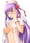  1girl ;p adjusting_clothes adjusting_hat alternate_costume areola_slip areolae bangs bb_(fate)_(all) bb_(fate/extra_ccc) bespectacled black-framed_eyewear blush breasts collarbone eyebrows_visible_through_hair fate/grand_order fate_(series) glasses hair_ribbon hat highres jewelry long_hair medium_breasts navel nipple_slip nipples no_bra nurse nurse_cap one_eye_closed open_clothes pink_ribbon purple_eyes purple_hair red_cross ribbon ring short_sleeves simple_background sin-go smile solo straight_hair tongue tongue_out unbuttoned upper_body white_background wrist_cuffs 