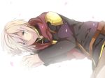  1boy ace_(fft-0) akademeia_uniform blonde_hair blue_eyes cape card eye_contact facing_viewer final_fantasy final_fantasy_type-0 holding jacket looking_at_another looking_at_viewer male_focus medium_hair scarf school_uniform short_hair solo weapon 