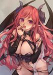  1girl blush breasts demon_girl demon_horns demon_tail demon_wings highres horns long_hair navel original pointy_ears pubic_tattoo red_eyes red_hair sexually_suggestive slit_pupils solo succubus tail tattoo tongue tongue_out wings yok01 