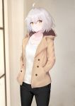  1girl ahoge alternate_costume bangs black_pants blush brown_coat brown_eyes casual closed_mouth coat collarbone cowboy_shot eyebrows_visible_through_hair fate/grand_order fate_(series) hair_between_eyes hands_in_pockets highres hood hood_down hooded_coat indoors jeanne_d&#039;arc_(alter)_(fate) jeanne_d&#039;arc_(fate)_(all) long_sleeves looking_at_viewer open_clothes open_coat pants reuri_(tjux4555) shirt short_hair simple_background solo unbuttoned white_shirt 