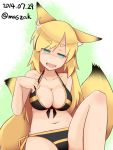  animal_humanoid areola bikini blonde_hair blush breasts canid canid_humanoid canine canine_humanoid clothed clothing dipstick_tail female fox_humanoid fur green_eyes hair humanoid inner_ear_fluff looking_at_viewer mammal maszak multicolored_tail navel nipple_outline open_mouth seductive solo swimsuit yellow_fur 
