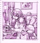  azur_lane ballpoint_pen_(medium) bangs bed bedroom book cellphone coffee_cup computer cup disposable_cup eyepatch food food_in_mouth garrison_cap hair_between_eyes hat ichinana_(dametetujin17) laptop limited_palette long_hair monitor monochrome mouth_hold pajamas phone scharnhorst_(azur_lane) teapot toast toast_in_mouth traditional_media uniform very_long_hair 