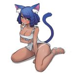  1girl :3 animal_ears aqua_eyes bare_arms blue_hair cat_ears cat_tail collarbone commentary cyan_(show_by_rock!!) donburikazoku dress dress_lift eyes_visible_through_hair full_body highres lifted_by_self long_hair looking_at_viewer no_panties show_by_rock!! simple_background sitting smile solo tail tan tanline wariza white_background white_dress 