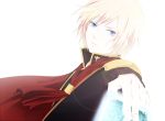  1boy ace_(fft-0) akademeia_uniform blonde_hair blue_eyes cape card eye_contact facing_viewer final_fantasy final_fantasy_type-0 holding jacket looking_at_another looking_at_viewer male_focus medium_hair scarf school_uniform short_hair solo weapon 