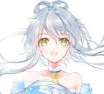  1girl :d choker collarbone eyebrows_visible_through_hair floating_hair green_eyes hair_between_eyes highres long_hair looking_at_viewer luo_tianyi open_mouth portrait shiny shiny_hair silver_hair simple_background smile solo strapless tied_hair very_long_hair vocaloid white_background yaduo 