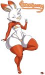  2019 5_fingers anthro anthrofied big_butt bikini breasts butt clothed clothing english_text female fingers fur lagomorph legwear looking_at_viewer mammal nintendo pink_nose pok&eacute;mon pok&eacute;mon_(species) pok&eacute;morph scorbunny simple_background sitting skimpy small_breasts small_waist smile solo swimsuit text thecon thick_thighs thigh_highs video_games white_background white_fur wide_hips 