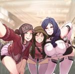  3girls bent_over bike_shorts blue_hair blush braid breasts brown_hair casual cross cross_necklace eyes_closed flat_cap green_hair groceries hat highres hood hoodie jewelry lanasamsonov large_breasts long_sleeves mole mole_under_mouth multiple_girls necklace original pleated_skirt ponytail red_eyes red_hoodie self_shot shopping shorts skirt smile thighhighs white_skirt 