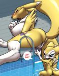  blush breasts clothing cosplay digimon digimon_(species) duo english_text female female/female furball hybrid impmon looking_pleasured nipples panties panties_aside pussy pussy_juice raised_tail renamon renimpmon short_stack size_difference small_dom_big_sub text underwear underwear_aside 