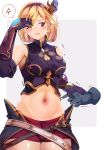  1boy 1girl aka--chi arm_guards arm_up artist_name bare_shoulders belt blonde_hair blue_gloves blush breasts brown_eyes cleavage cleavage_cutout commentary cowboy_shot crop_top disembodied_limb djeeta_(granblue_fantasy) elbow_gloves english_commentary faulds gloves gran_(granblue_fantasy) granblue_fantasy grey_background hair_between_eyes hair_ornament hairband highres medium_breasts medium_hair motion_lines navel one_eye_closed open_mouth purple_gloves purple_hairband red_shorts short_hair short_shorts shorts simple_background sleeveless solo_focus stomach sweat 