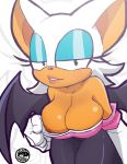  2019 absurd_res anthro areola big_breasts blue_eyes breasts butt chiropteran clothed clothing eyeshadow female fur hair hi_res huge_breasts inkershike lipstick looking_at_viewer makeup mammal membranous_wings nipple_slip nipples rouge_the_bat simple_background smile solo sonic_(series) thick_thighs video_games wings 