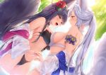  2girls animal_ears bell bikini black_bikini blue_eyes blue_sky blush breast_press breasts choker closed_mouth cloud day dutch_angle erune fang flower fox_ears fox_tail granblue_fantasy hair_bell hair_flower hair_ornament hand_holding jiiwara jingle_bell large_breasts light_particles long_hair multiple_girls off_shoulder open_mouth outdoors red_eyes silver_hair sky smile socie_(granblue_fantasy) swimsuit symmetrical_docking tail very_long_hair wet wet_clothes white_bikini yuel_(granblue_fantasy) 