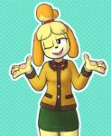  animal_crossing anthro black_nose breasts canid canine canis clothed clothing domestic_dog female fur hair hi_res isabelle_(animal_crossing) mammal maypul_syrup nintendo one_eye_closed open_mouth shih_tzu shrug simple_background smile solo video_games wink yellow_fur 