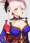  1girl bangs blue_eyes blush breasts center_opening cleavage closed_mouth earrings eyebrows_visible_through_hair fate/grand_order fate_(series) grey_background highres japanese_clothes jewelry long_hair long_sleeves looking_at_viewer magatama medium_breasts miyamoto_musashi_(fate/grand_order) parted_bangs pink_hair ponytail reuri_(tjux4555) simple_background single_sidelock smile solo upper_body 