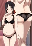  1girl ass bare_shoulders bed black_bra black_hair black_panties blush bow bra breasts butt_crack canopy_bed cleavage close-up folded_ponytail hair_bow inoshira kaguya-sama_wa_kokurasetai_~tensai-tachi_no_renai_zunousen~ lower_body multiple_views panties pregnant shinomiya_kaguya short_hair small_breasts smile standing third-party_edit twitter_username underwear underwear_only 