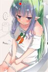  ... 1girl ameth_(princess_connect!) aono_(f_i_s) bangs blue_eyes blush breasts carrot_print collarbone commentary_request eyebrows_visible_through_hair feet_out_of_frame flying_sweatdrops food_print green_hair highres knees_together_feet_apart long_hair looking_away looking_to_the_side multicolored_hair off_shoulder panties panty_pull parted_lips pointy_ears princess_connect! print_shirt purple_hair recording shirt short_sleeves sitting small_breasts solo spoken_ellipsis toilet translation_request two-tone_hair underwear very_long_hair white_panties white_shirt 
