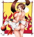  1girl arm_guards ass breasts brown_eyes brown_hair cleavage commentary_request erect_nipples fatal_fury from_behind hair_tie high_ponytail highres japanese_clothes large_breasts looking_back ninja open_mouth pelvic_curtain ponytail revealing_clothes rope shiranui_mai sideboob solo the_king_of_fighters thighs thong user_gvtp7744 wrist_cuffs 