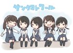  5girls :3 :o ;d bangs black_footwear black_legwear blue_dress blush_stickers braid brown_hair collared_shirt crossed_arms double_v dress frown group_name hori_miona kitano_hinako long_hair long_sleeves looking_at_viewer multiple_girls nakada_kana nakamoto_himeka nogizaka46 one_eye_closed open_mouth outstretched_arms pinafore_dress ponytail shirt short_hair sitting_on_wall smile socks spread_arms taneda_yuuta terada_ranze twin_braids v white_shirt 