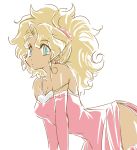  1girl bent_over big_hair blonde_hair blue_eyes breasts christmas cleavage dark_skin dress earrings elbow_gloves gloves hair_ornament hair_scrunchie jewelry kuramitsu_mihoshi medium_breasts okuri_ookami red_dress red_gloves red_legwear scrunchie side_slit sketch solo spaghetti_strap strap_slip tenchi_muyou! thighhighs white_background 