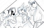  anthro apron bathrobe blush canid canine cloak clothed clothing cosplay dress female fox fur group hair hat high_school_inari_tamamo-chan hime_cut human jacket kemono low-angle_view mammal mehajiki monochrome mrs._hudson open_mouth pipe robe sherlock_hound_(series) sketch smile tamamo_fushimi yuuki_ray 