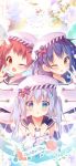  3girls :o ;d bangs belly_peek belt blue_eyes blue_hair blush bow brown_eyes clenched_hand detached_sleeves flower gochuumon_wa_usagi_desu_ka? grin hand_up hands_up hat hat_bow highres jouga_maya kafuu_chino light_blue_hair long_hair long_sleeves looking_at_viewer mitsumomo_mamu multiple_girls natsu_megumi navel one_eye_closed open_mouth phone_wallpaper red_eyes red_hair sailor_hat school_uniform serafuku short_hair smile tippy_(gochiusa) twintails two_side_up v 