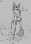  anthro butt canid canine clothing dialogue english_text female fur greyscale hair honovy looking_at_viewer mammal monochrome sheer_clothing solo standing text translucent transparent_clothing 