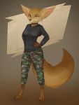  2019 anthro canid canine clothed clothing felicia female fennec fox foxyghost hoodie looking_at_viewer mammal millitary pants pink_eyes pinup pose simple_background sketch smile solo vulpin 