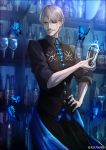  1boy alternate_costume bar blue_eyes bottle bug butterfly cocktail_glass commentary_request cup drinking_glass facial_hair fate/grand_order fate_(series) grey_hair hair_between_eyes hand_on_hip insect james_moriarty_(fate/grand_order) kei-suwabe long_sleeves mustache necktie pants shaker shelf sleeves_rolled_up smile solo standing twitter_username upper_body vest wine_glass 