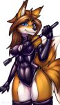  2019 5_fingers absurd_res anthro black_nose blue_eyes breasts brown_hair canid canine digital_media_(artwork) female fox hair hi_res mammal oksara rubber simple_background smile solo standing white_background 