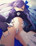  1girl :&lt; bangs black_coat blue_eyes blue_ribbon closed_mouth commentary_request crotch_plate eyebrows_visible_through_hair fate/extra fate/extra_ccc fate/grand_order fate_(series) from_below hair_ribbon juliet_sleeves long_hair long_sleeves looking_down meltlilith navel puffy_sleeves purple_hair revealing_clothes ribbon sleeves_past_wrists solo standing very_long_hair zen_o 