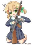  1girl blonde_hair feet_only green_eyes gun highres long_sleeves neckerchief no_socks original pila-pela sailor submachine_gun sweatdrop thompson_submachine_gun weapon 