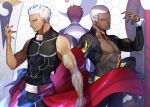  3boys absurdres archer arm_up bare_arms black_pants black_shirt brown_eyes buzz_cut closed_mouth collarbone commentary_request covered_collarbone cuffs emiya_alter emiya_shirou facing_away fate/grand_order fate/stay_night fate_(series) fingernails forehead hand_up head_tilt highres honeycomb_(pattern) honeycomb_background kamonegi_(meisou1998) kanshou_&amp;_bakuya long_sleeves looking_at_viewer male_focus multiple_boys orange_hair pants parted_lips profile raglan_sleeves shirt sleeveless sleeveless_shirt white_hair white_shirt yellow_eyes 