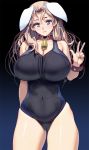  1girl animal_ears bangle bell bell_collar black_swimsuit blue_eyes blush bracelet breasts bunny_ears cameltoe cleavage collar commentary_request competition_swimsuit covered_navel crying crying_with_eyes_open curvy eyelashes fake_animal_ears gradient gradient_background head_tilt highres huge_breasts jewelry jingle_bell long_hair looking_at_viewer masao messy_hair one-piece_swimsuit original parted_lips skindentation solo standing swimsuit tears thick_thighs thighs v 