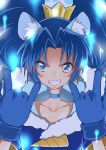  &gt;:) 1girl \m/ animal_ears blue_eyes blue_gloves blue_hair choker collarbone commentary_request crown cure_gelato double_\m/ earrings extra_ears eyebrows_visible_through_hair eyelashes fur_trim gloves grin highres jewelry kirakira_precure_a_la_mode lion_ears long_hair looking_at_viewer precure smile smug solo tategami_aoi yuto_(dialique) 