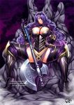  1girl armor axe black_armor breasts camilla_(fire_emblem_if) fire_emblem fire_emblem_if full_body hair_over_one_eye high_heels holding holding_axe jadenkaiba large_breasts long_hair nintendo parted_lips purple_hair see-through sitting solo spread_legs tiara watermark web_address 