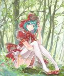  &gt;_&lt; 1girl adjusting_clothes adjusting_hat apple aqua_eyes aqua_hair basket bottle bow commentary cosplay dress dress_bow food frilled_dress frills fruit grapes hat hatsune_miku highres holding_legs little_red_riding_hood_(grimm) little_red_riding_hood_(grimm)_(cosplay) looking_at_viewer outdoors red_bow red_dress red_hood ribbon sitting smile solo sun_(sunsun28) thighhighs tree vocaloid wolf yellow_ribbon 