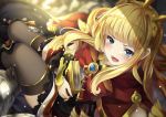  1boy 1girl bangs black_footwear black_legwear blonde_hair blue_eyes blunt_bangs blurry blurry_background blush book boots bow bracer cagliostro_(granblue_fantasy) cape carrying crown gloves granblue_fantasy highres hyouta_(yoneya) long_hair looking_at_viewer open_mouth solo_focus thighhighs white_gloves 