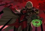  1girl alternate_costume black_gloves book breasts cape closed_mouth cloud ebinku fingerless_gloves fire_emblem fire_emblem_heroes floating floating_book floating_object gloves grey_hair hair_ornament highres large_breasts long_hair magic_circle nintendo open_book red_eyes red_sky sky solo thrasir_(fire_emblem) 