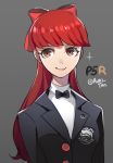  1girl black_jacket blazer bow brown_eyes closed_mouth copyright_name grey_background hair_bow jacket kuki_tan long_hair persona persona_5 persona_5_the_royal red_bow red_hair shuujin_academy_uniform simple_background smile twitter_username upper_body 