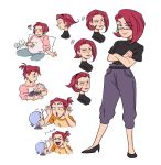  1girl 2boys alternate_costume alternate_hairstyle blue_hair eyeshadow gen_1_pokemon gen_2_pokemon glasses green_earrings kiana_mai kojirou_(pokemon) makeup meowth mother_and_son multiple_boys musashi_(pokemon) peekaboo pregnant red_hair team_rocket wobbuffet 