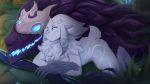  2019 anthro ass_up blue_eyes blue_markings bovid bow canid caprine chest_tuft conditional_dnp digital_media_(artwork) duo female fur glowing glowing_eyes grass hi_res kindred_(lol) lamb_(lol) league_of_legends male mammal markings mask mushroom neck_tuft nude one_eye_closed outside riot_games scappo sheep side_view smile tree tuft video_games watermark white_fur wolf_(lol) 