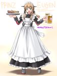  1girl adapted_costume alcohol alternate_costume anchor_hair_ornament apron aqua_eyes beer beer_mug black_dress blonde_hair character_name dress enmaided food frilled_apron frills full_body hair_ornament iron_cross kantai_collection loafers low_twintails maid open_mouth plate prinz_eugen_(kantai_collection) sausage shoes silver_shoes smile solo standing tatsumi_ray twintails twitter_username waitress white_apron 