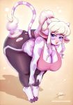  anthro bent_over big_breasts big_butt bovid bovine breasts butt cattle cleavage clothed clothing digital_media_(artwork) female hair hi_res hooves horn jocelyn mammal open_mouth pants ponytail purple_eyes shirt signature solo spindles thick_thighs torn_clothing url wardrobe_malfunction yoga_pants 